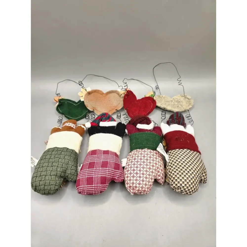 Vintage Country Primitive Christmas Mitten Wall Hanging Ornaments Lot of 4